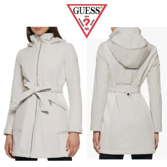 GUESS Hooded Zip-Front Belted Softshell Raincoat - Picture 1 of 16
